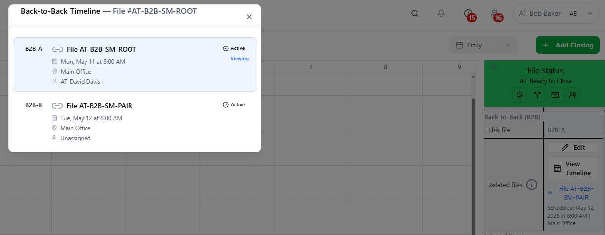 B2B timeline popup showing event structure and related details