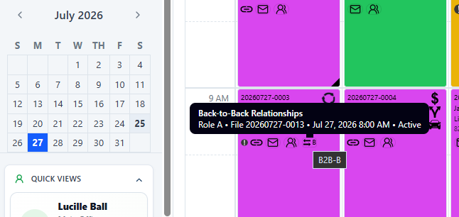 B2B icon tooltip displayed on a calendar event in ClosingTrak™
