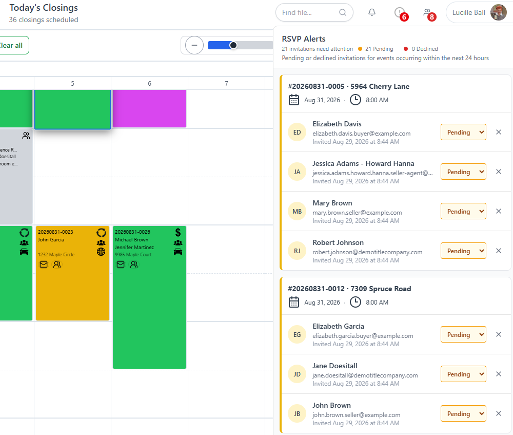 ClosingTrakâ„¢ calendar with the RSVP Alerts panel showing invitations that need attention within the next 24 hours