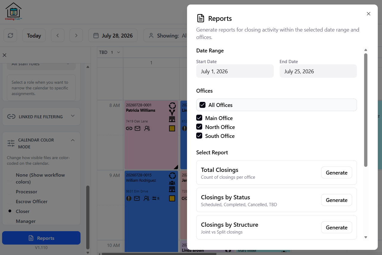 Reports dialog in ClosingTrak™ showing available report options