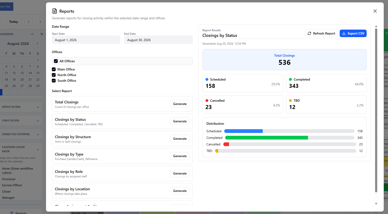 Reports dialog in ClosingTrak™ showing available report options