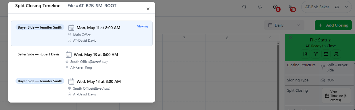 Split closing timeline popup showing linked events and sequence details