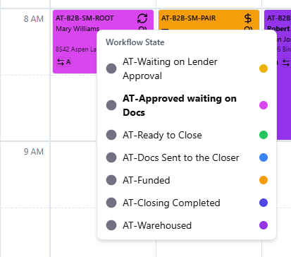 Workflow state selector popup showing color-coded event states in ClosingTrak™