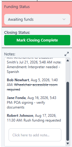 Closing details panel in ClosingTrak™ with timeline and task information