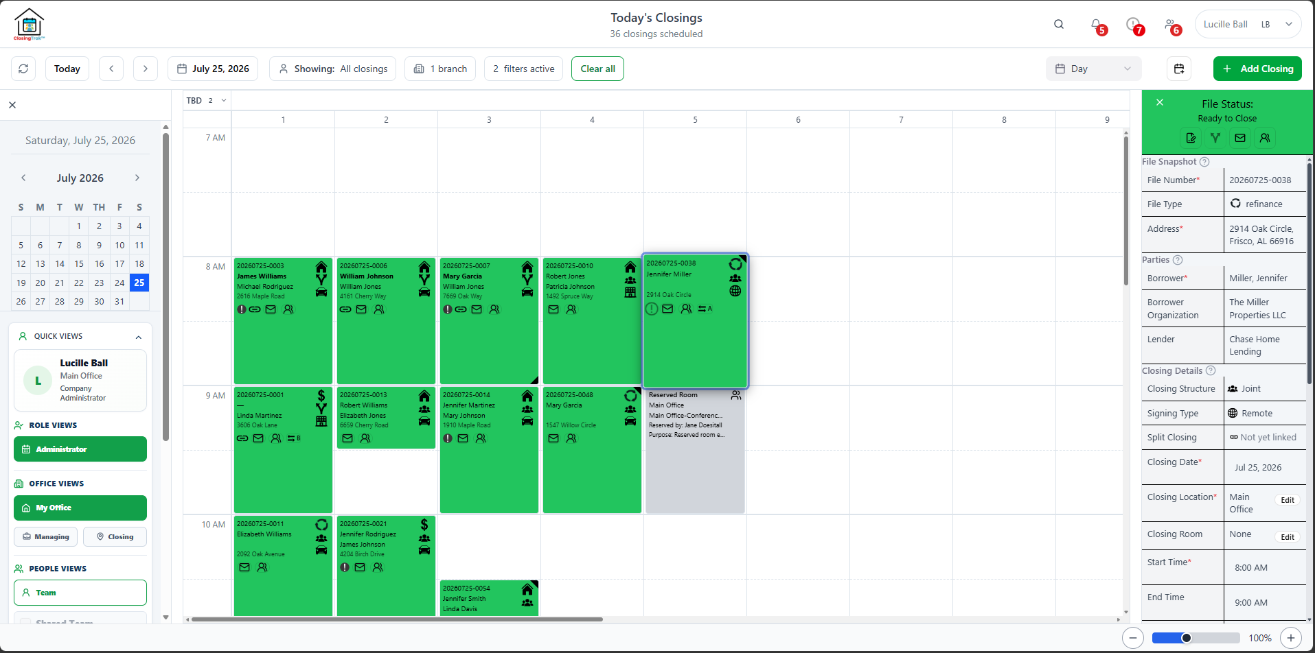 ClosingTrak™ dashboard overview with active closings and scheduling visibility