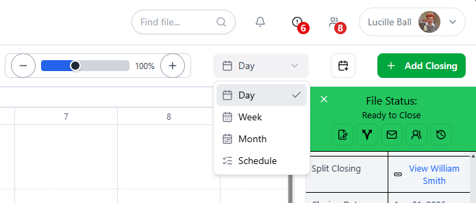 View switcher in ClosingTrak™ for changing calendar display modes